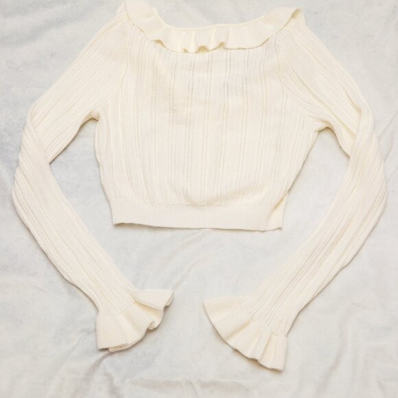 For Love & Lemons XS Camille Pointelle Knit Ruffle Crop Cardigan Top Sweater - Picture 11 of 16